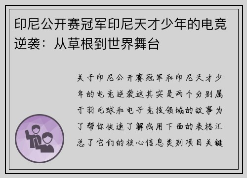 印尼公开赛冠军印尼天才少年的电竞逆袭：从草根到世界舞台